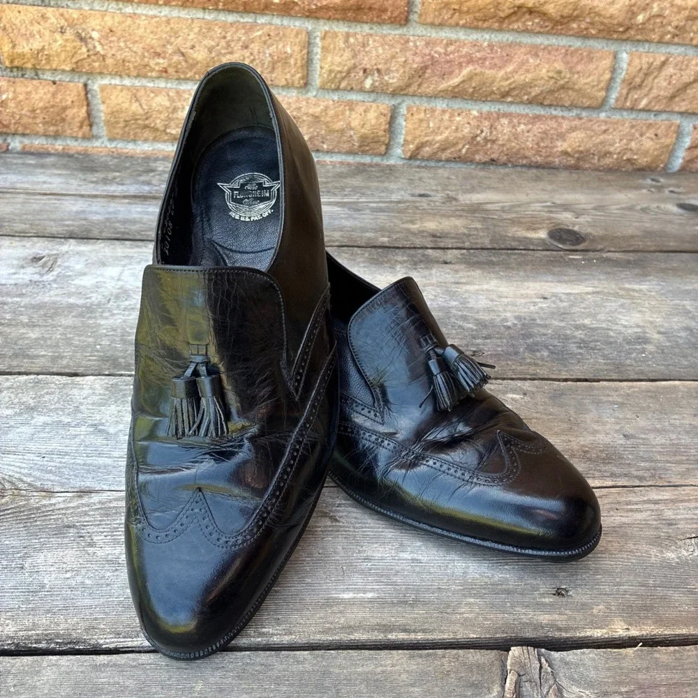 Vintage Florsheim Black Leather Kiltie Tassel Loafers Men's 7.5 E Wide 20108